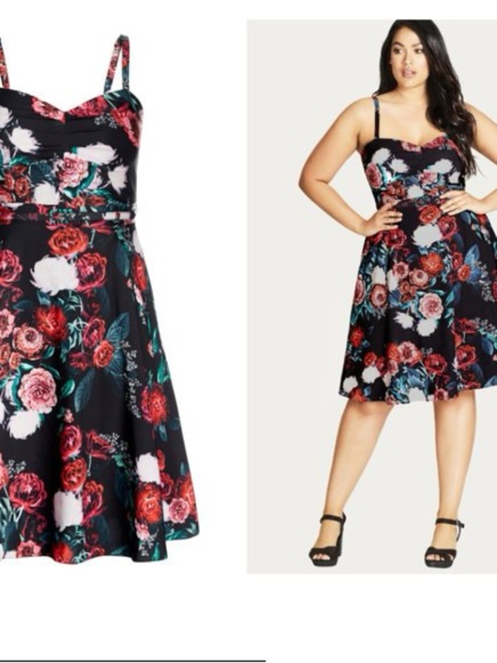 City Chic Black Midi Dress with Red & Pink Floral Print